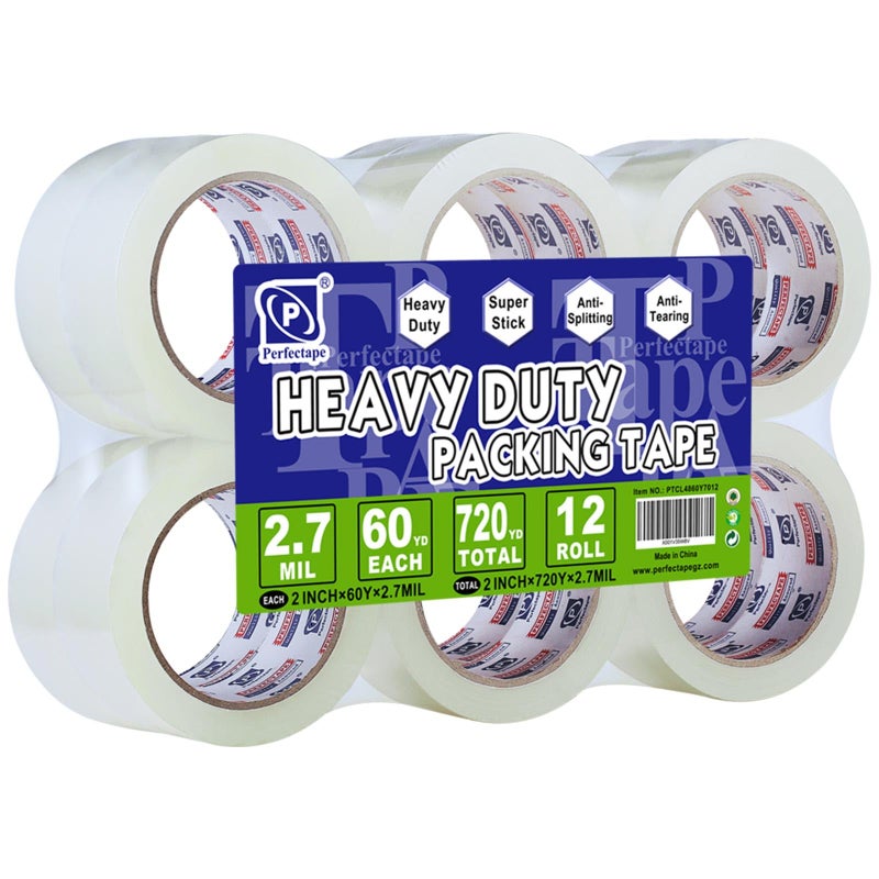 P PERFECTAPE Heavy Duty Packing Tape 12 Rolls, Clear, 2.7 mil, Ultra Adhesive, 1.88" x 60 Yards, Refill for Packaging, Moving and Shipping - Image 1